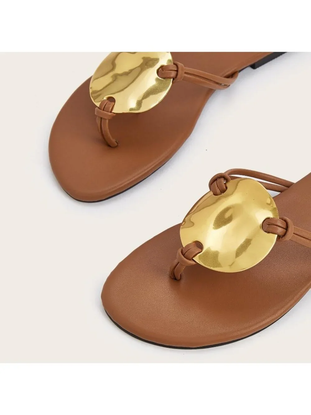 Women's Brown Metal Flip Flops Thong Flats Slip on Soft Cushion Dressy Shoes